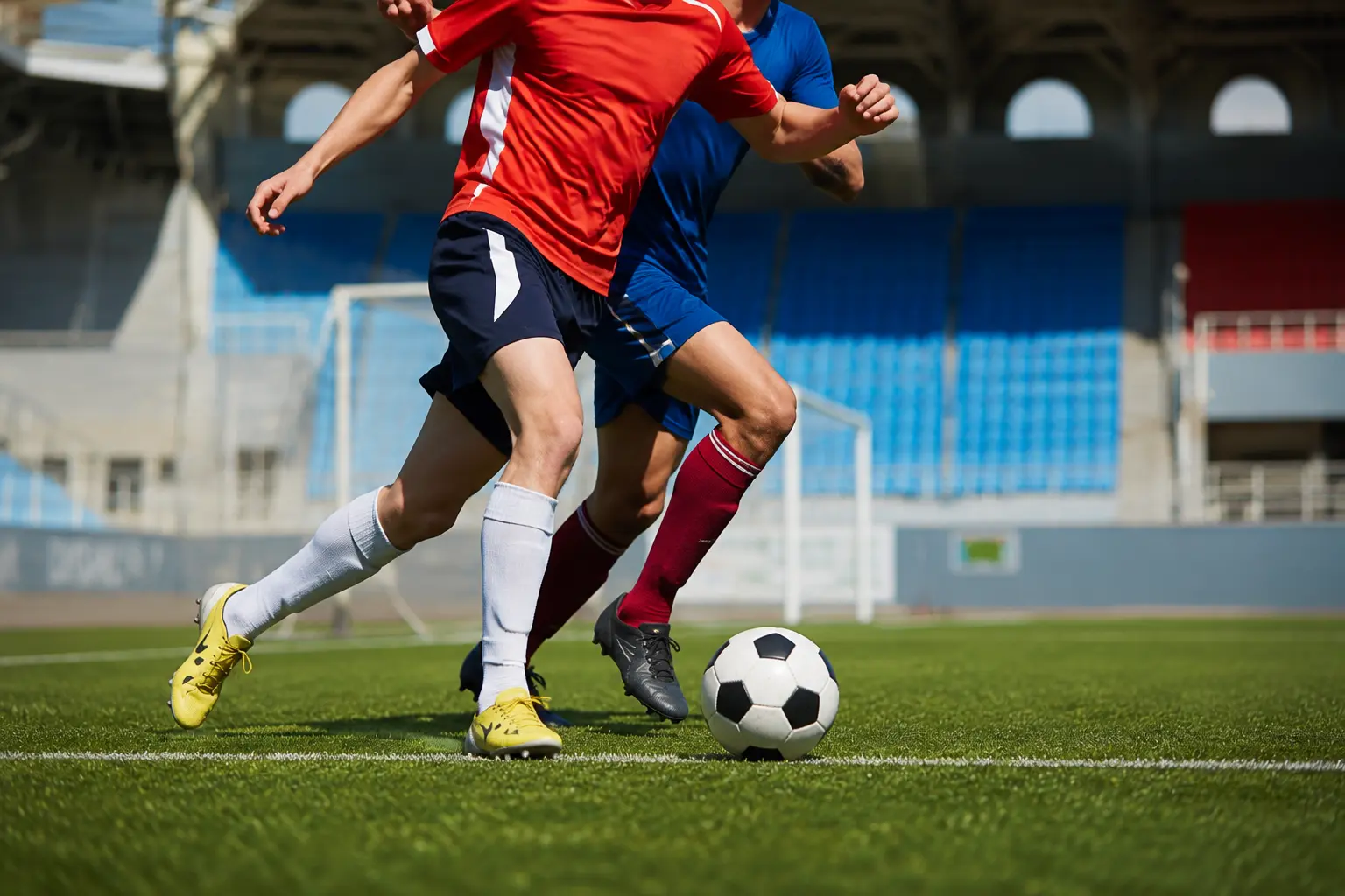Two soccer players competing for the ball on a football field