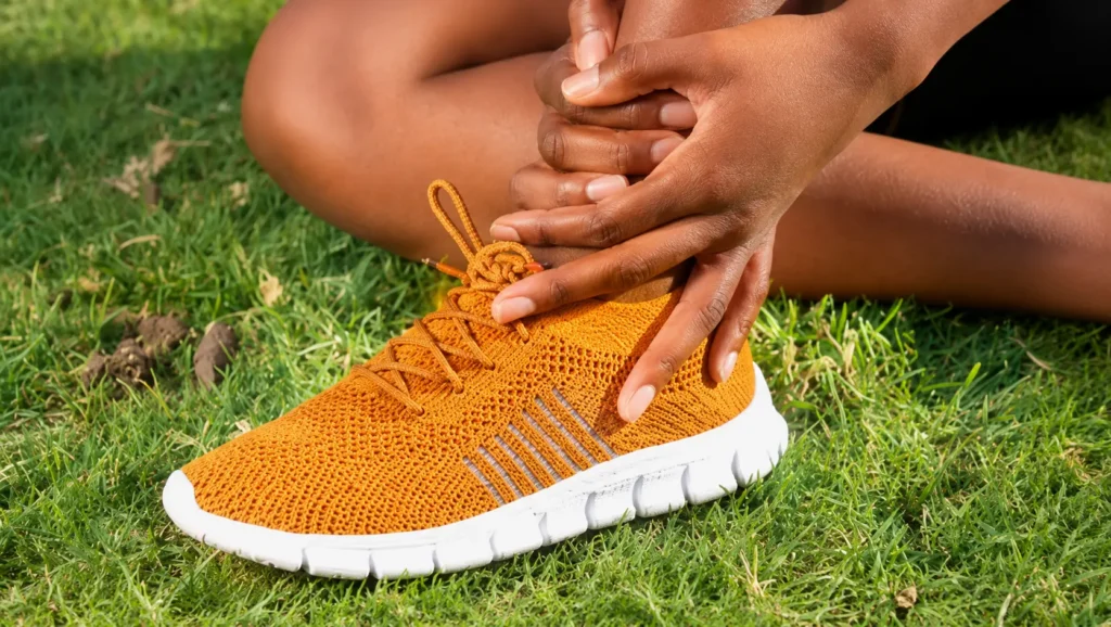 A person holding their injured ankle while sitting on grass, wearing a yellow running shoe