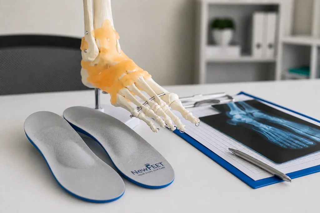 Custom orthotic insoles beside an anatomical foot model and foot X-ray in a podiatry clinic