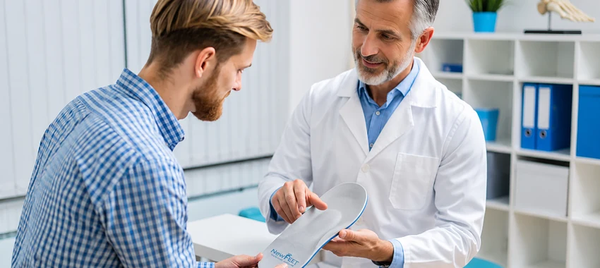 Podiatrist showing a patient a NewFeet custom orthotic insole during a consultation