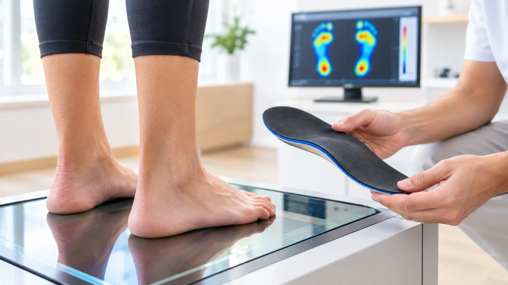 בדיקת מנח כף הרגל באמצעות מדרסים אורטופדיים ומיפוי לחצים במרפאה מקצועית.