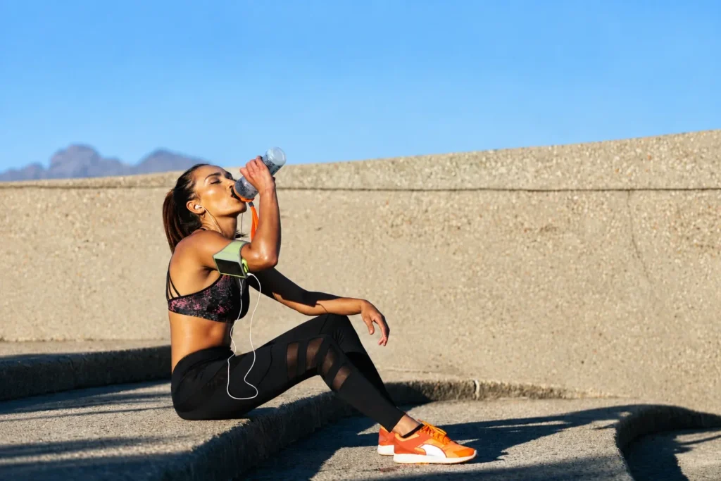 Woman drinking water while resting after an outdoor workout