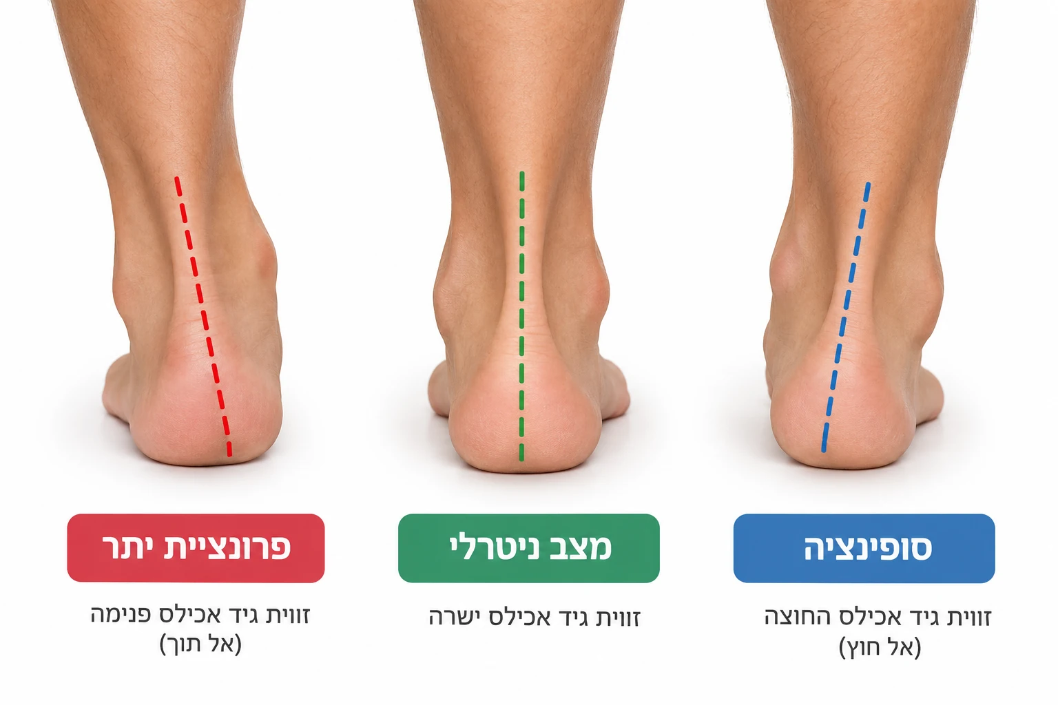שלוש כפות רגליים במבט מאחור המדגימות פרונציית יתר, מנח ניטרלי וסופינציה, עם סימון זווית גיד אכילס